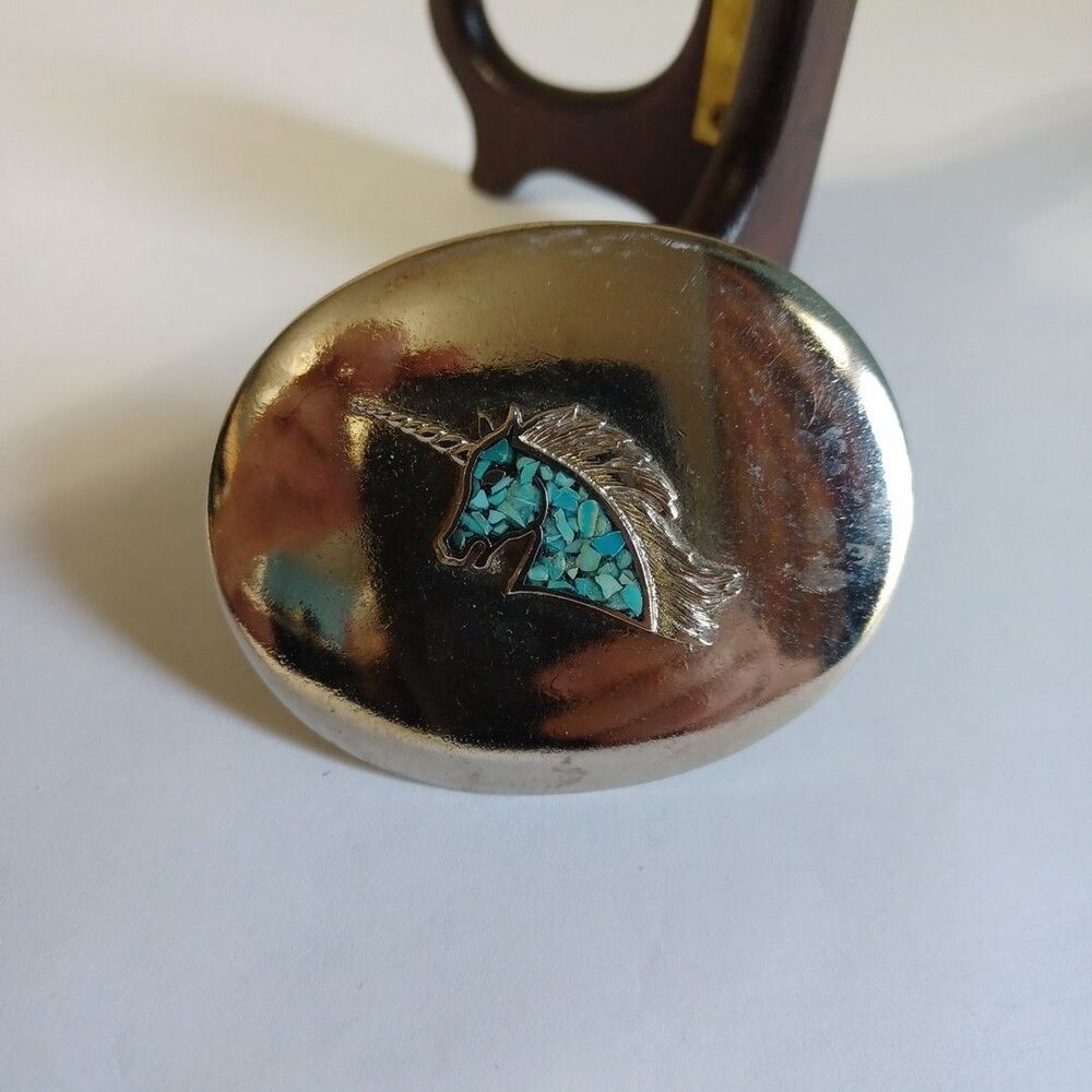 Unicorn Native American Zuni Style Belt Buckle Faux Turquoise Inlay Vintage VTG